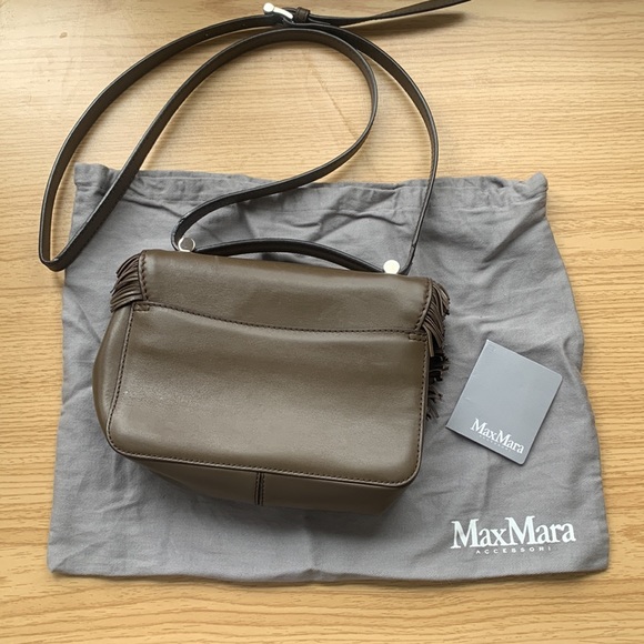 MAX MARA Olive Green Leather Over The Shoulder Bag w/ Fringe Detail - Picture 6 of 6